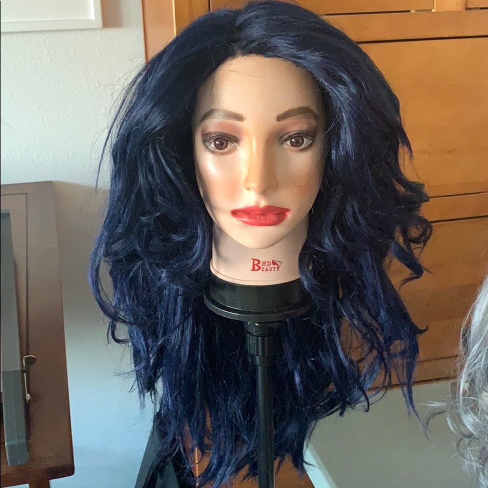 dark blue wavy long hair wig